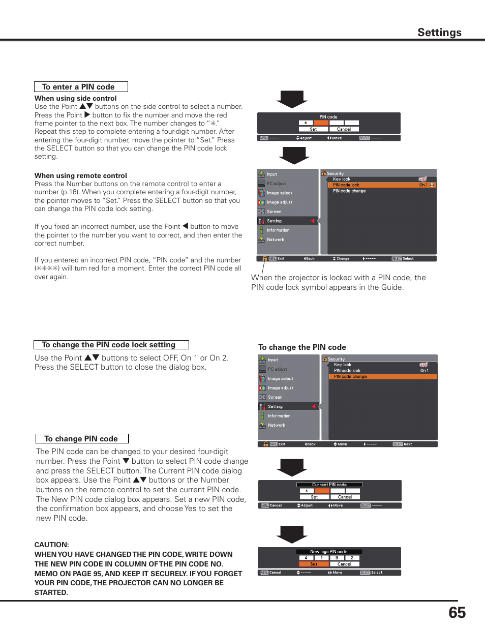 Settings | Sanyo PLC HF15000L User Manual | Page 65 / 100