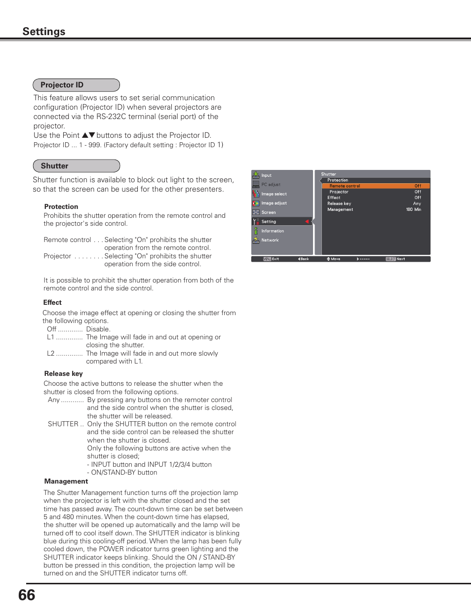 Settings | Sanyo PLC HF15000L User Manual | Page 66 / 100