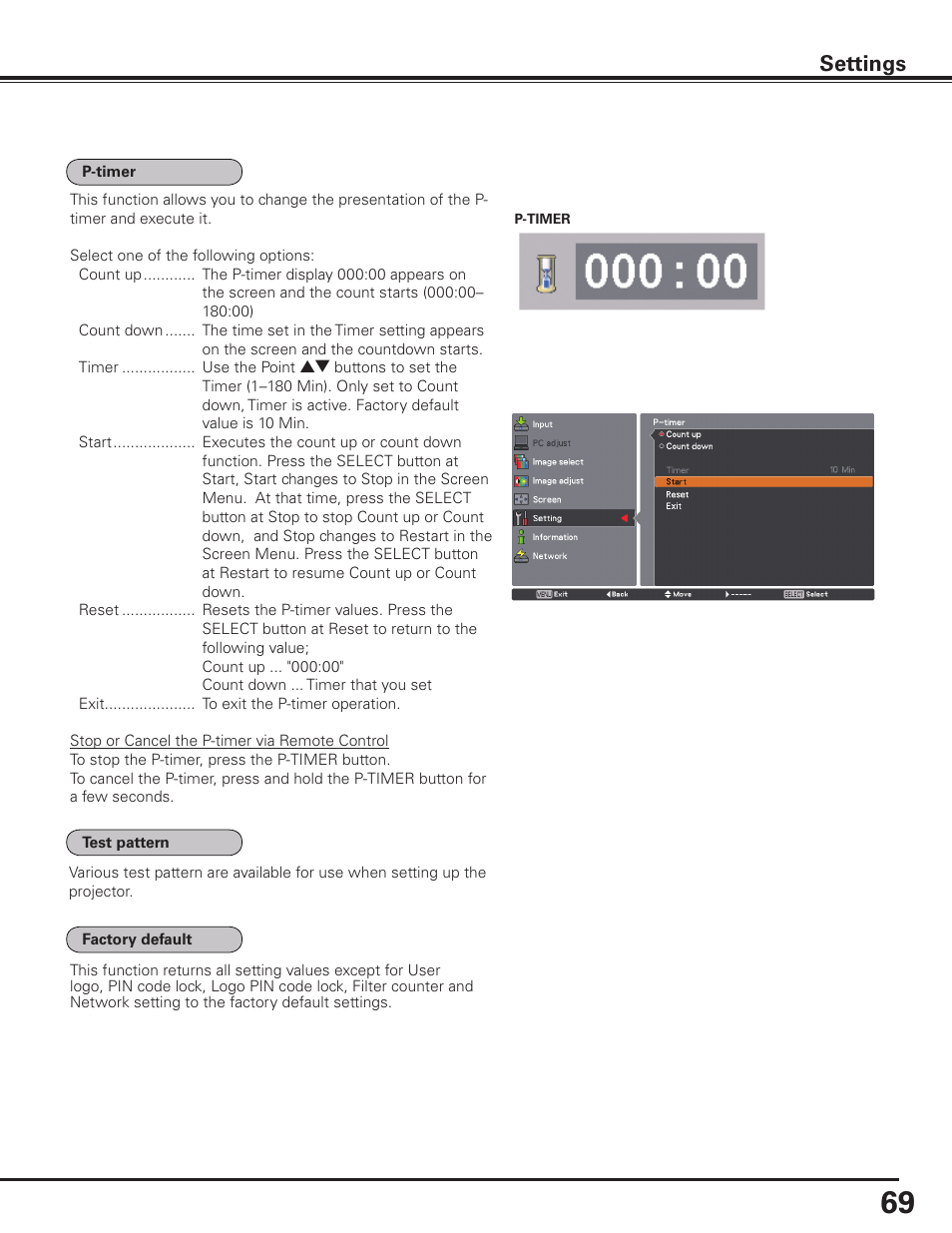 Settings | Sanyo PLC HF15000L User Manual | Page 69 / 100