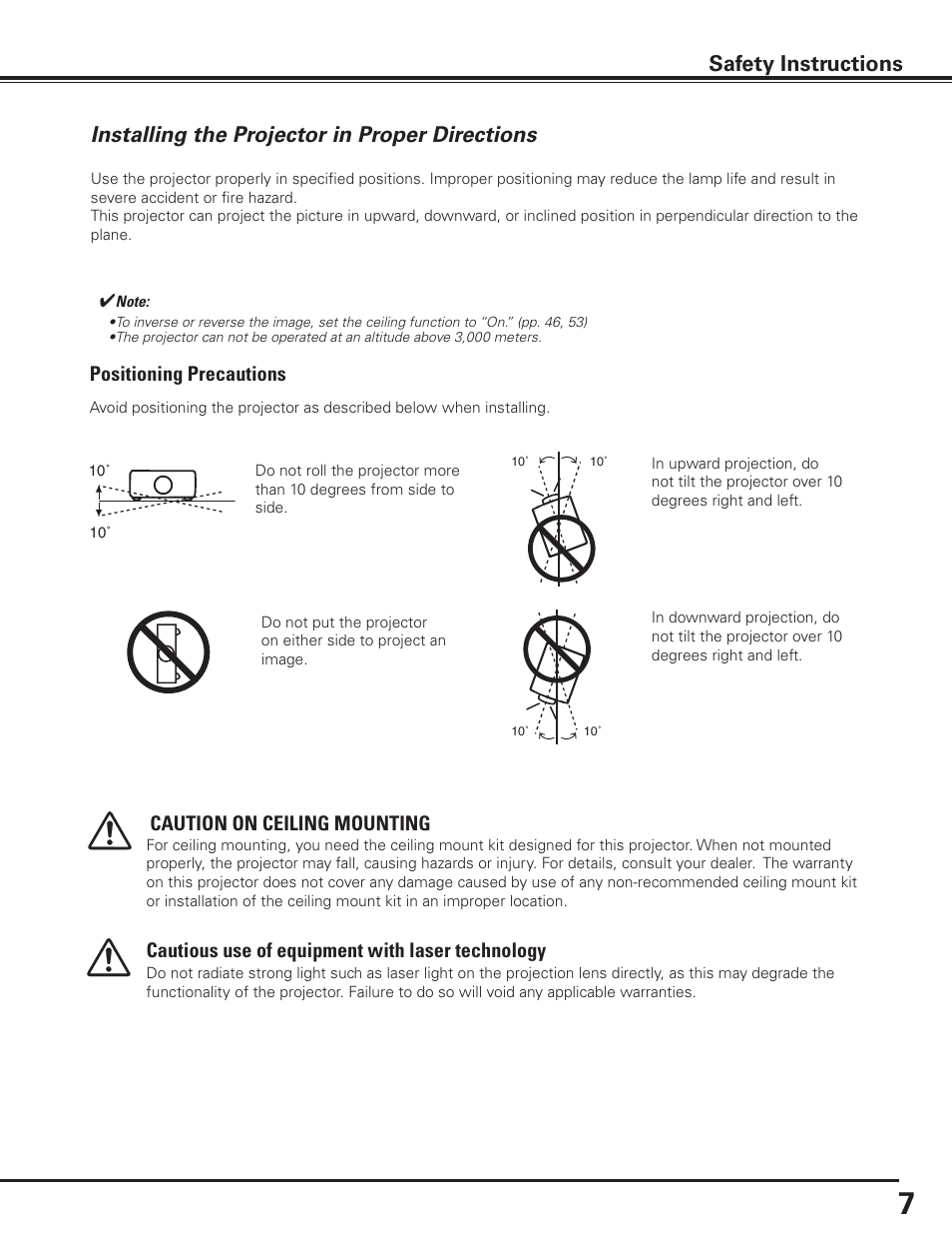 Installing the projector in proper directions, Installing the, Projector in proper directions | Safety instructions, Cautious use of equipment with laser technology, Positioning precautions, Caution on ceiling mounting | Sanyo PLC HF15000L User Manual | Page 7 / 100
