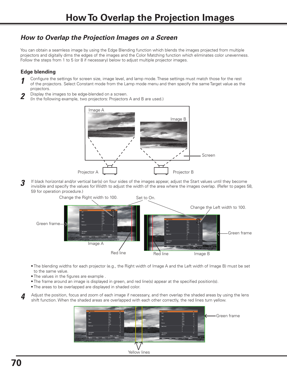 How to overlap the projection images, How to overlap the projection images on a screen, How to overlap the projection images 70 | Sanyo PLC HF15000L User Manual | Page 70 / 100