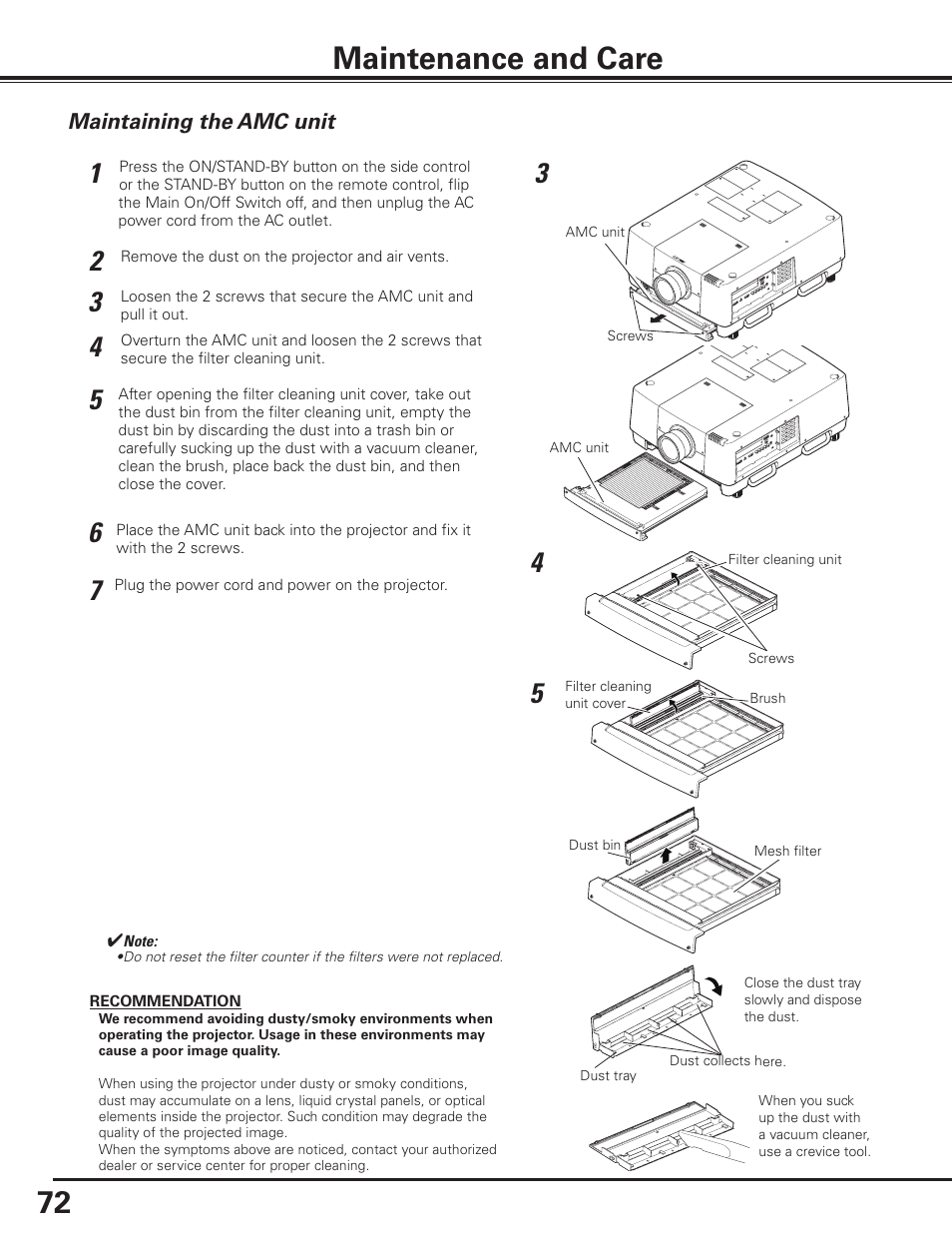 Maintenance and care, Maintaining the amc unit, 7 maintenance and care | Sanyo PLC HF15000L User Manual | Page 72 / 100