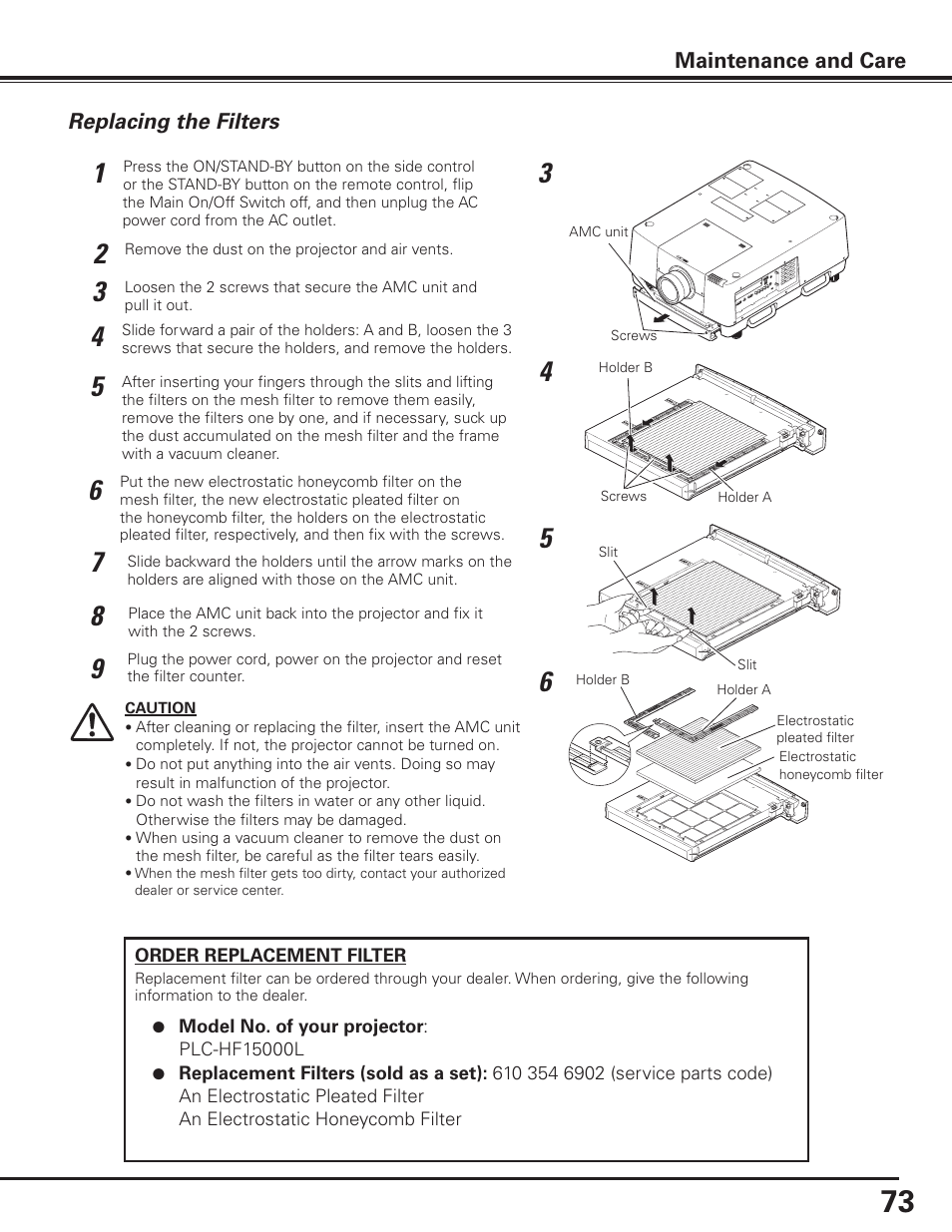 Replacing the filters | Sanyo PLC HF15000L User Manual | Page 73 / 100