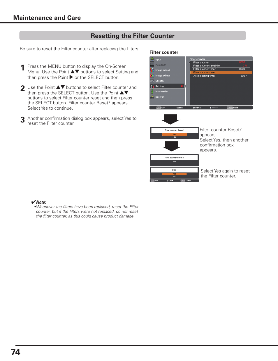 Resetting the filter counter, Maintenance and care | Sanyo PLC HF15000L User Manual | Page 74 / 100