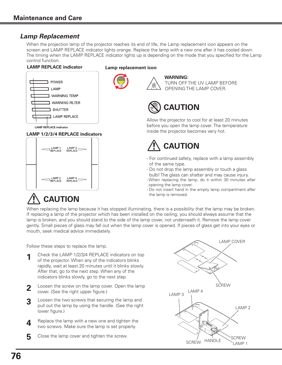 Lamp replacement, Caution, Maintenance and care | Sanyo PLC HF15000L User Manual | Page 76 / 100