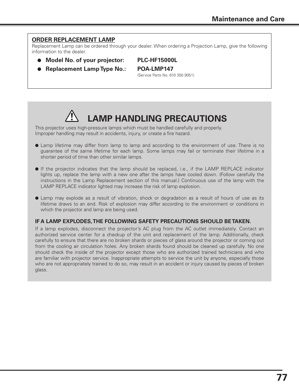 Lamp handling precautions, Maintenance and care | Sanyo PLC HF15000L User Manual | Page 77 / 100