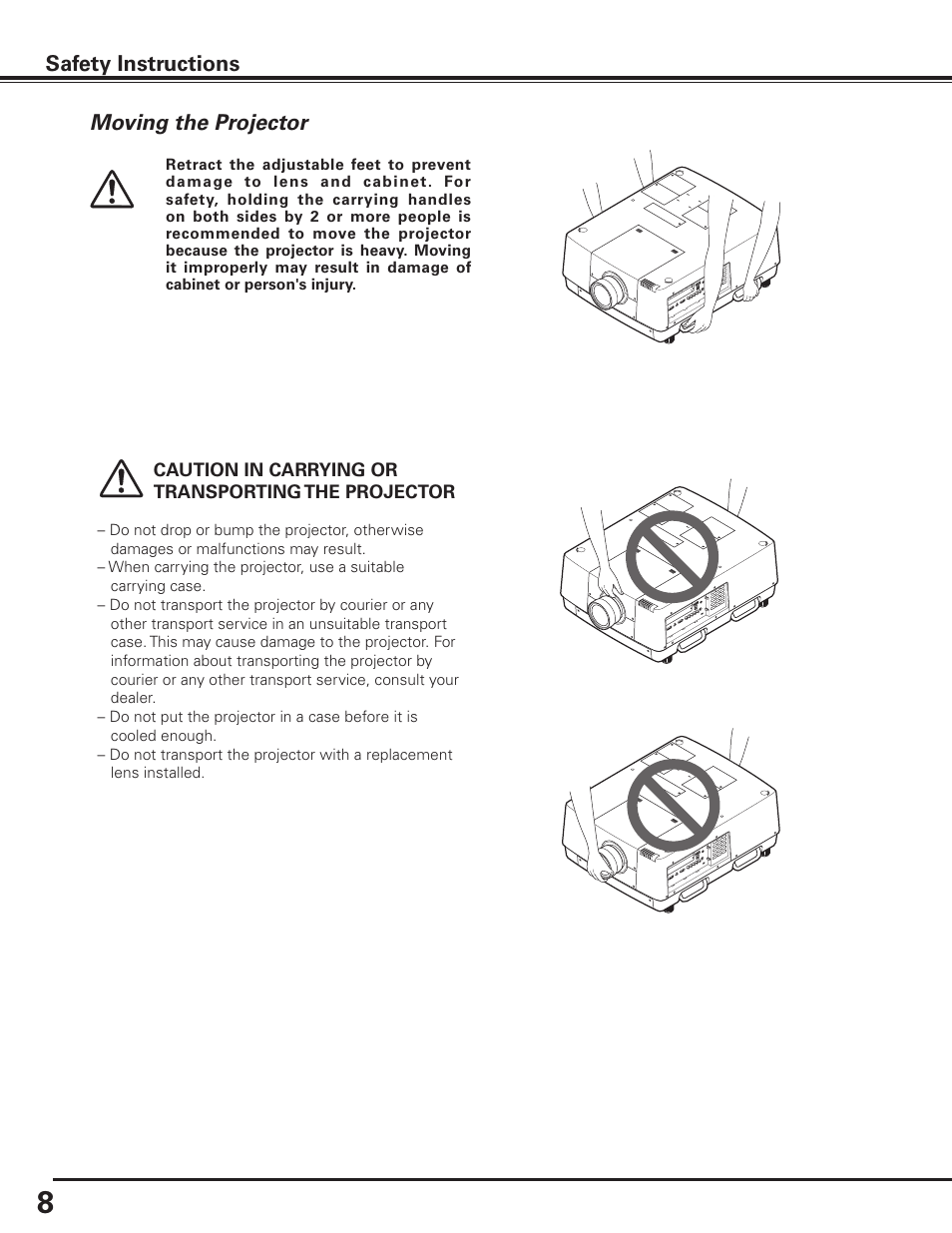 Moving the projector, Safety instructions | Sanyo PLC HF15000L User Manual | Page 8 / 100