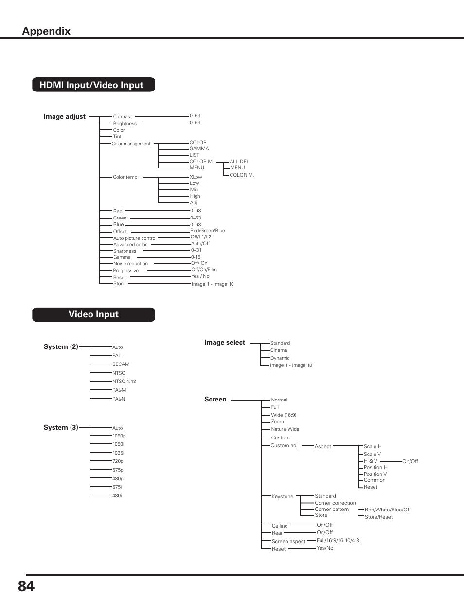 Appendix, Hdmi input/video input, Video input | Sanyo PLC HF15000L User Manual | Page 84 / 100