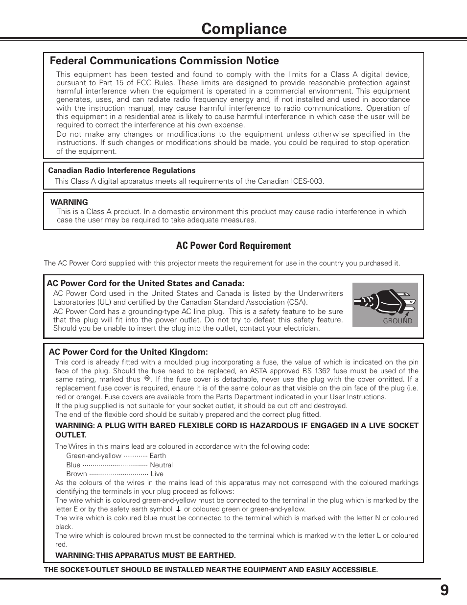 Compliance, Federal communications commission notice, Ac power cord requirement | Sanyo PLC HF15000L User Manual | Page 9 / 100