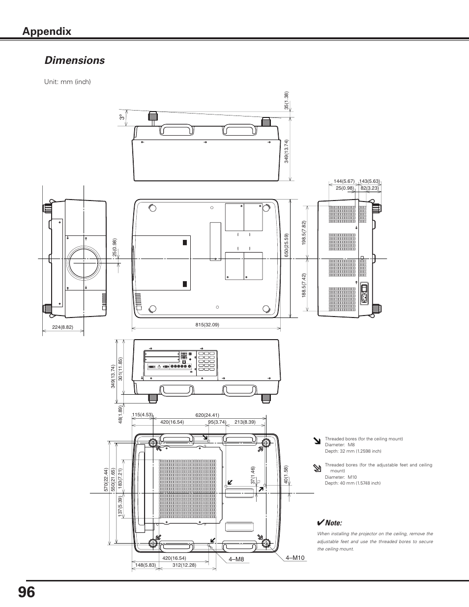 Dimensions, Dimensions appendix | Sanyo PLC HF15000L User Manual | Page 96 / 100