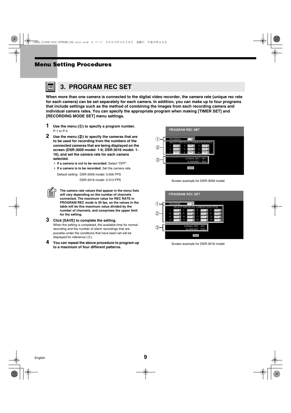 Program rec set, 9menu setting procedures | Sanyo DSR-3009 User Manual | Page 10 / 44