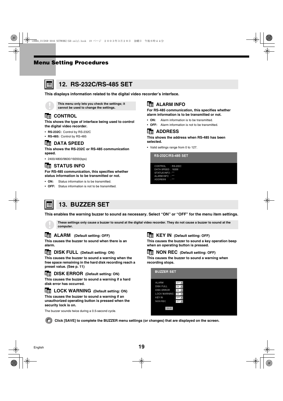 Buzzer set, 19 menu setting procedures | Sanyo DSR-3009 User Manual | Page 20 / 44
