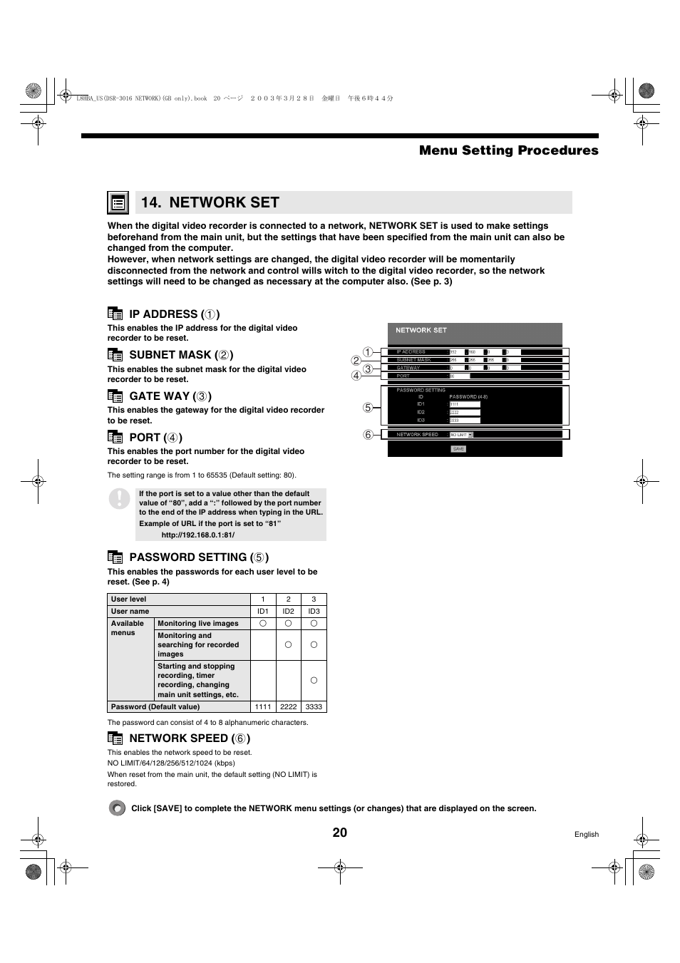 Network set, Menu setting procedures | Sanyo DSR-3009 User Manual | Page 21 / 44