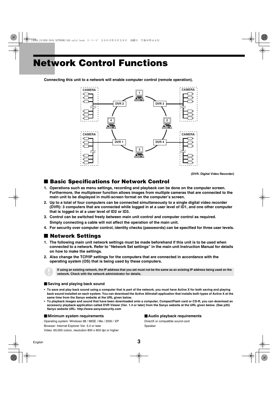 Network control functions, Basic specifications for network control, Network settings | Sanyo DSR-3009 User Manual | Page 4 / 44