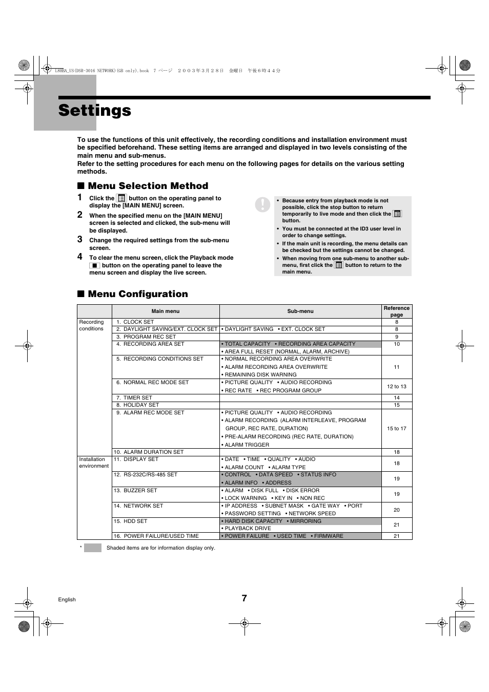 Settings, Menu selection method 1, Menu configuration | Sanyo DSR-3009 User Manual | Page 8 / 44