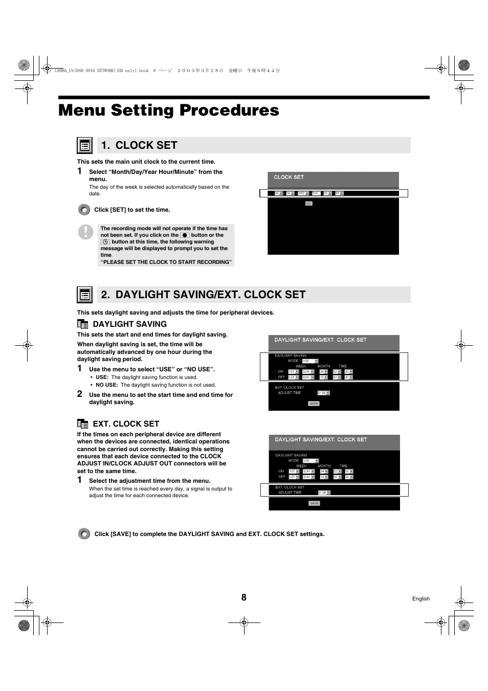 Menu setting procedures, Clock set, Daylight saving/ext. clock set | Sanyo DSR-3009 User Manual | Page 9 / 44