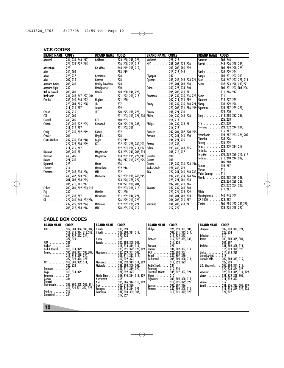 Vcr codes, Cable box codes | Sanyo DS31820 User Manual | Page 10 / 64