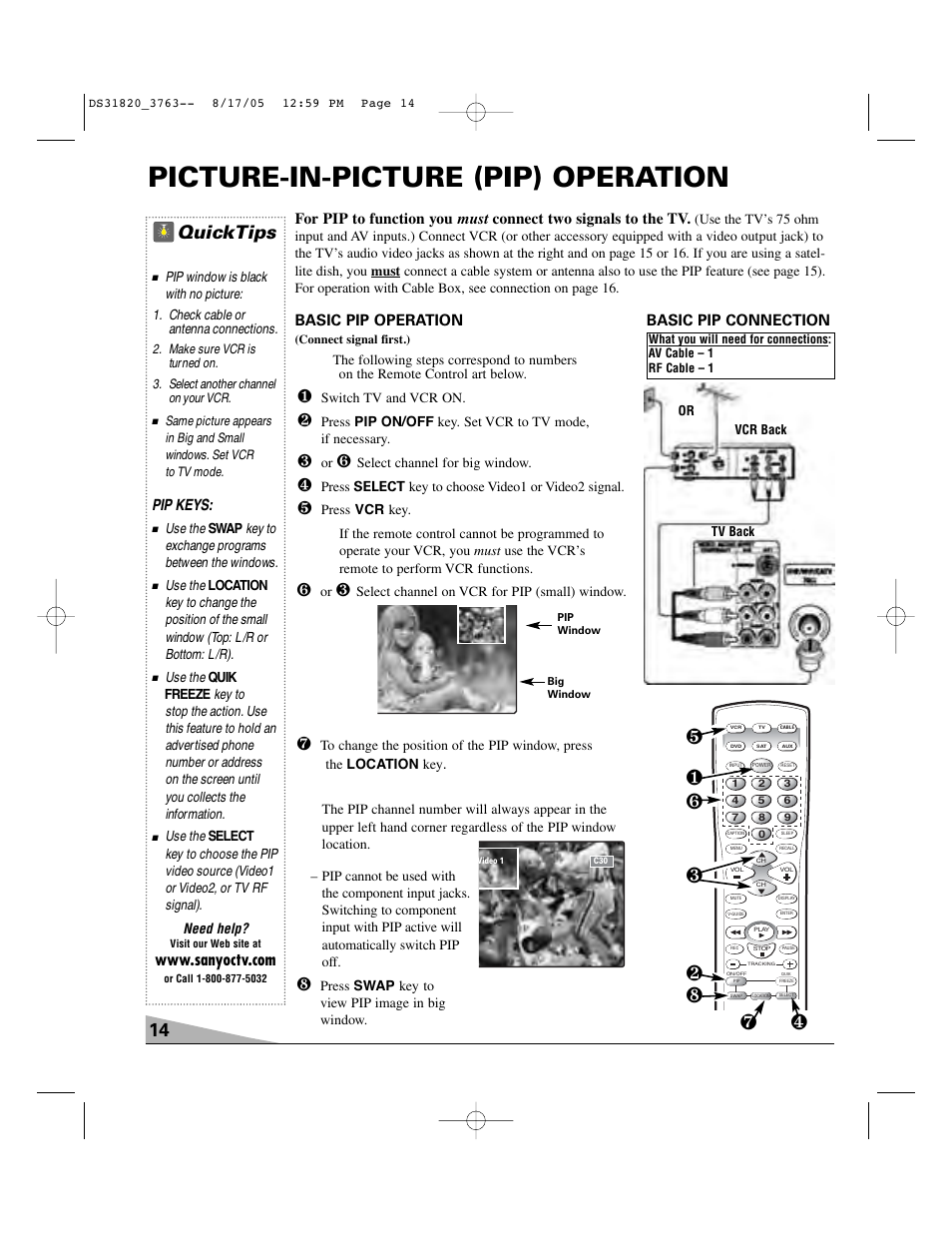 Picture-in-picture (pip) operation, Quicktips, Basic pip operation | Pip keys, Basic pip connection | Sanyo DS31820 User Manual | Page 14 / 64