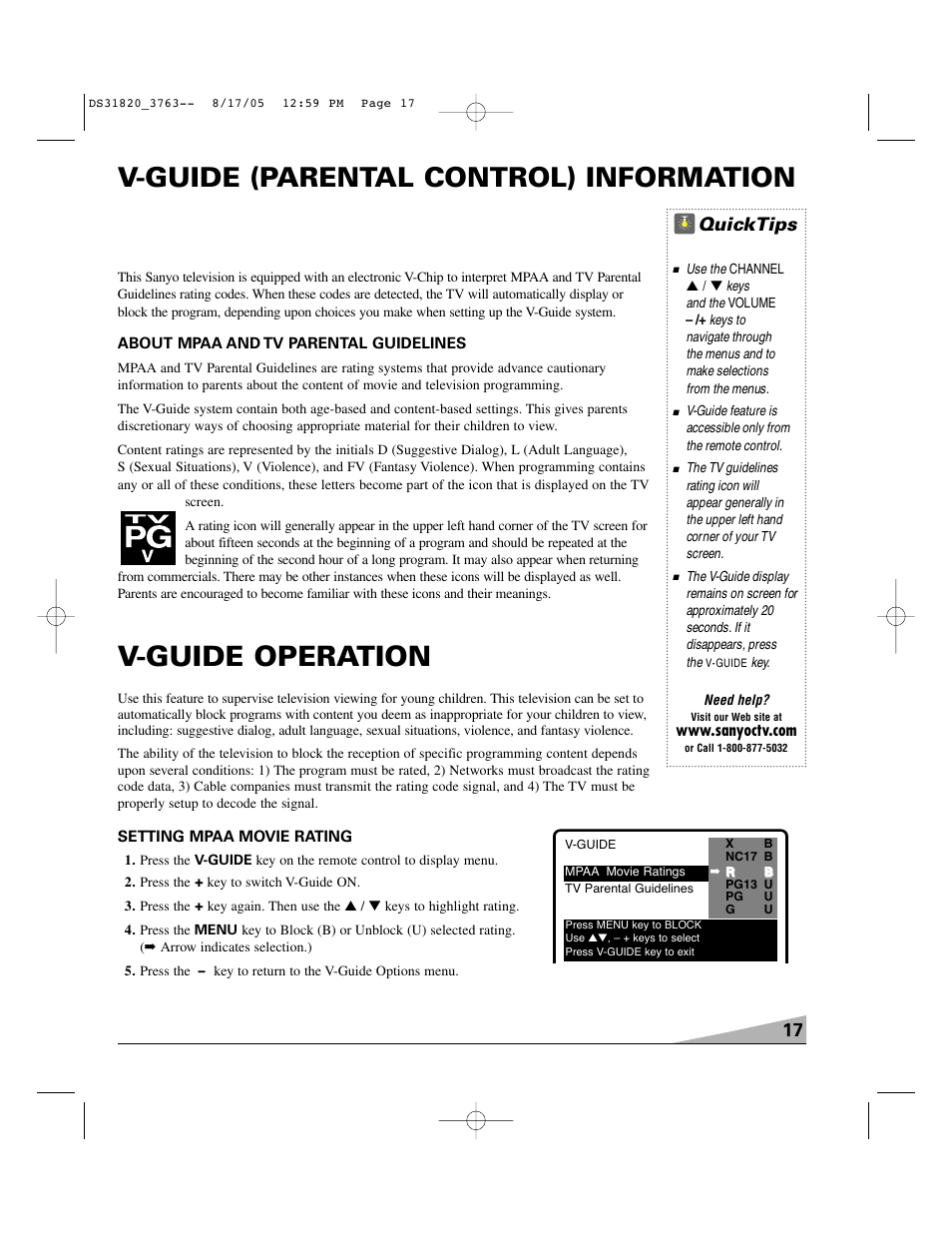 V-guide operation, V-guide (parental control) information, Quicktips | Sanyo DS31820 User Manual | Page 17 / 64