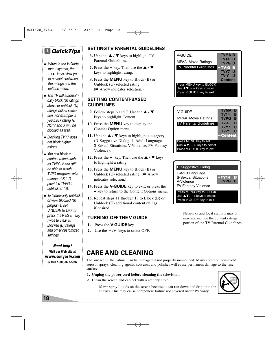 Care and cleaning, 18 quicktips | Sanyo DS31820 User Manual | Page 18 / 64