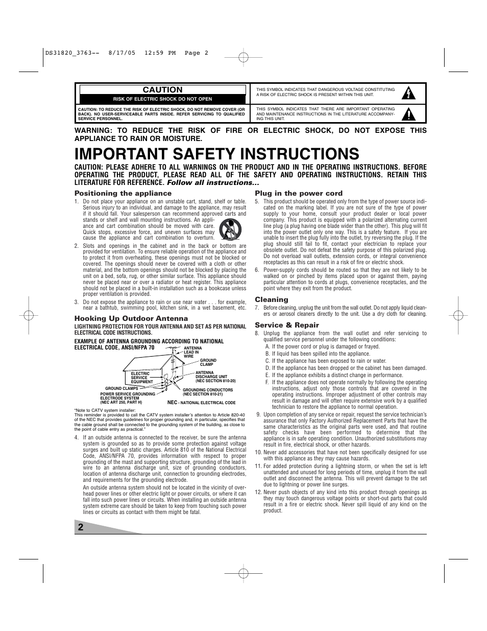 Important safety instructions, Caution | Sanyo DS31820 User Manual | Page 2 / 64