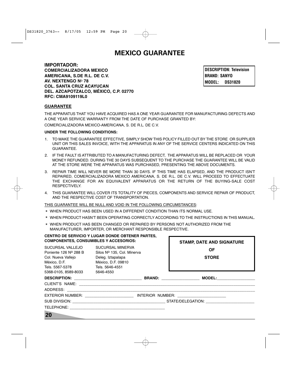 Mexico guarantee | Sanyo DS31820 User Manual | Page 20 / 64