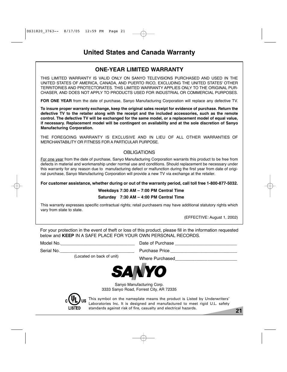 United states and canada warranty | Sanyo DS31820 User Manual | Page 21 / 64