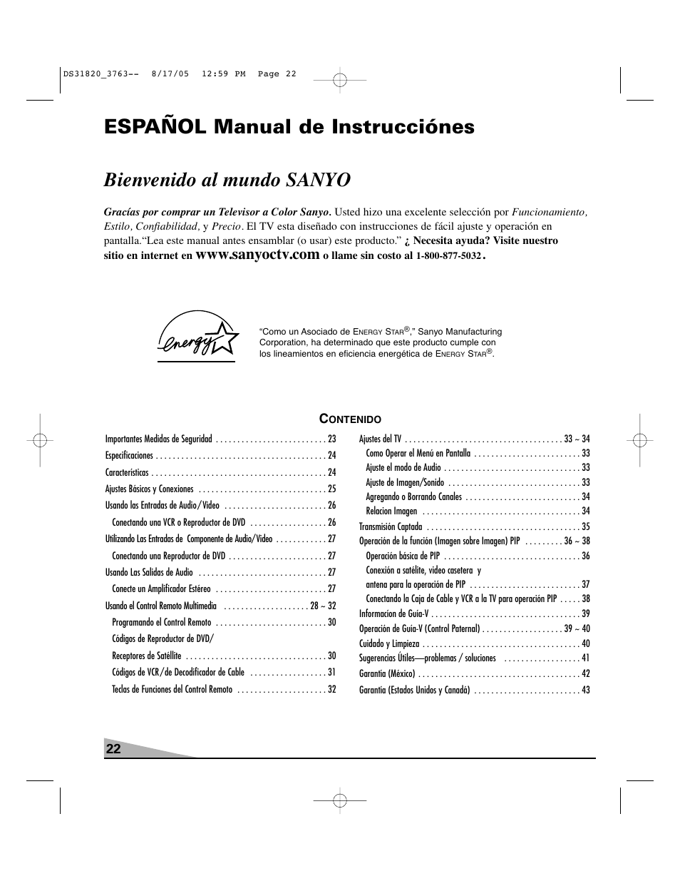 Español manual de instrucciónes, Bienvenido al mundo sanyo | Sanyo DS31820 User Manual | Page 22 / 64