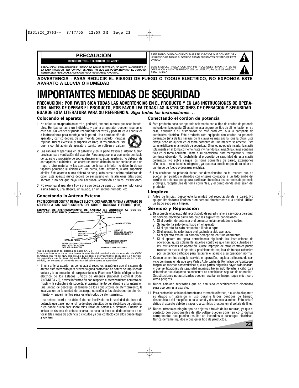 Importantes medidas de seguridad, Precaucion, Conectando la antena externa | Conectando el cordon de potencia, Limpieza, Servicio y reparación | Sanyo DS31820 User Manual | Page 23 / 64