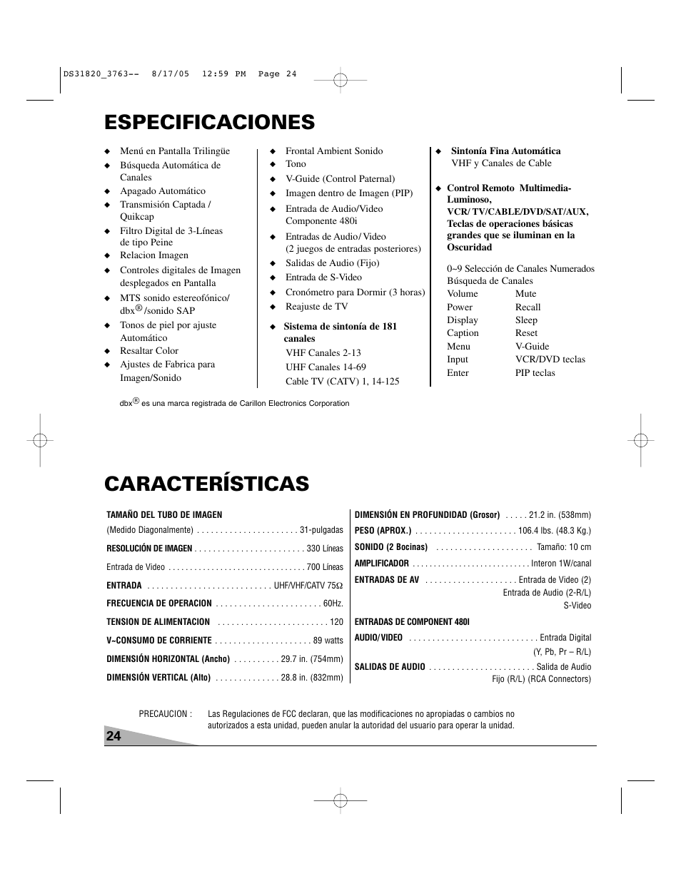 Características, Especificaciones | Sanyo DS31820 User Manual | Page 24 / 64