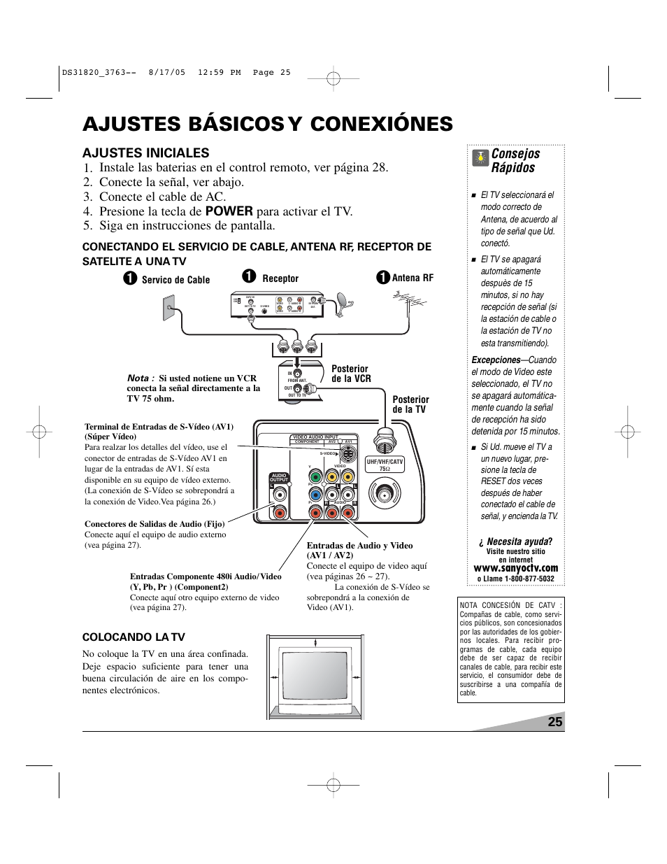 Ajustes básicos y conexiónes, Consejos rápidos, Colocando la tv | Necesita ayuda, Servico de cable, Receptor, Posterior de la tv, Antena rf, Posterior de la vcr | Sanyo DS31820 User Manual | Page 25 / 64