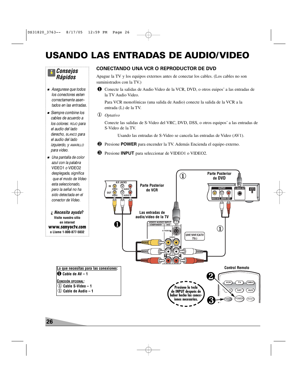 Usando las entradas de audio/ video, Consejos rápidos, Conectando una vcr o reproductor de dvd | Sanyo DS31820 User Manual | Page 26 / 64