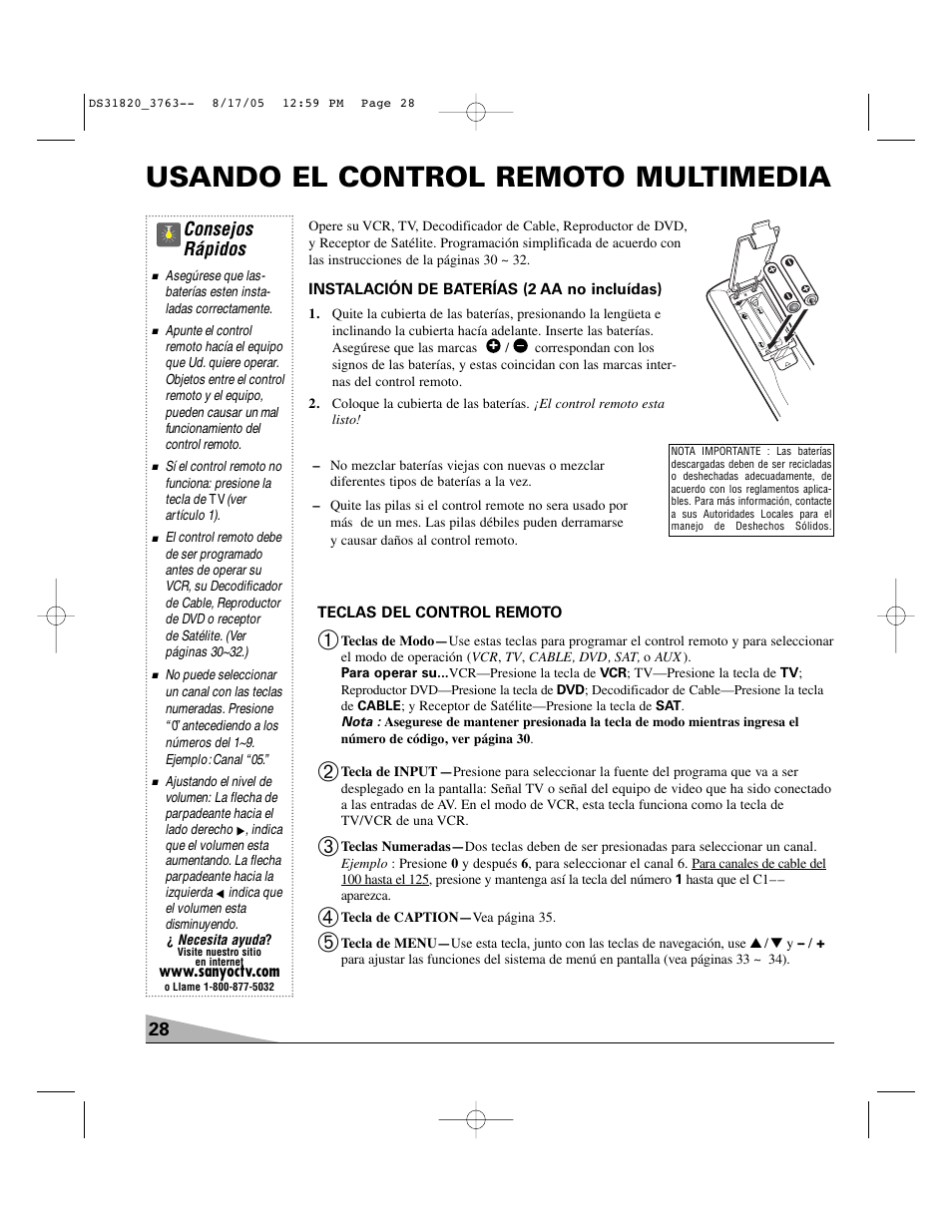 Usando el control remoto multimedia, Consejos rápidos | Sanyo DS31820 User Manual | Page 28 / 64