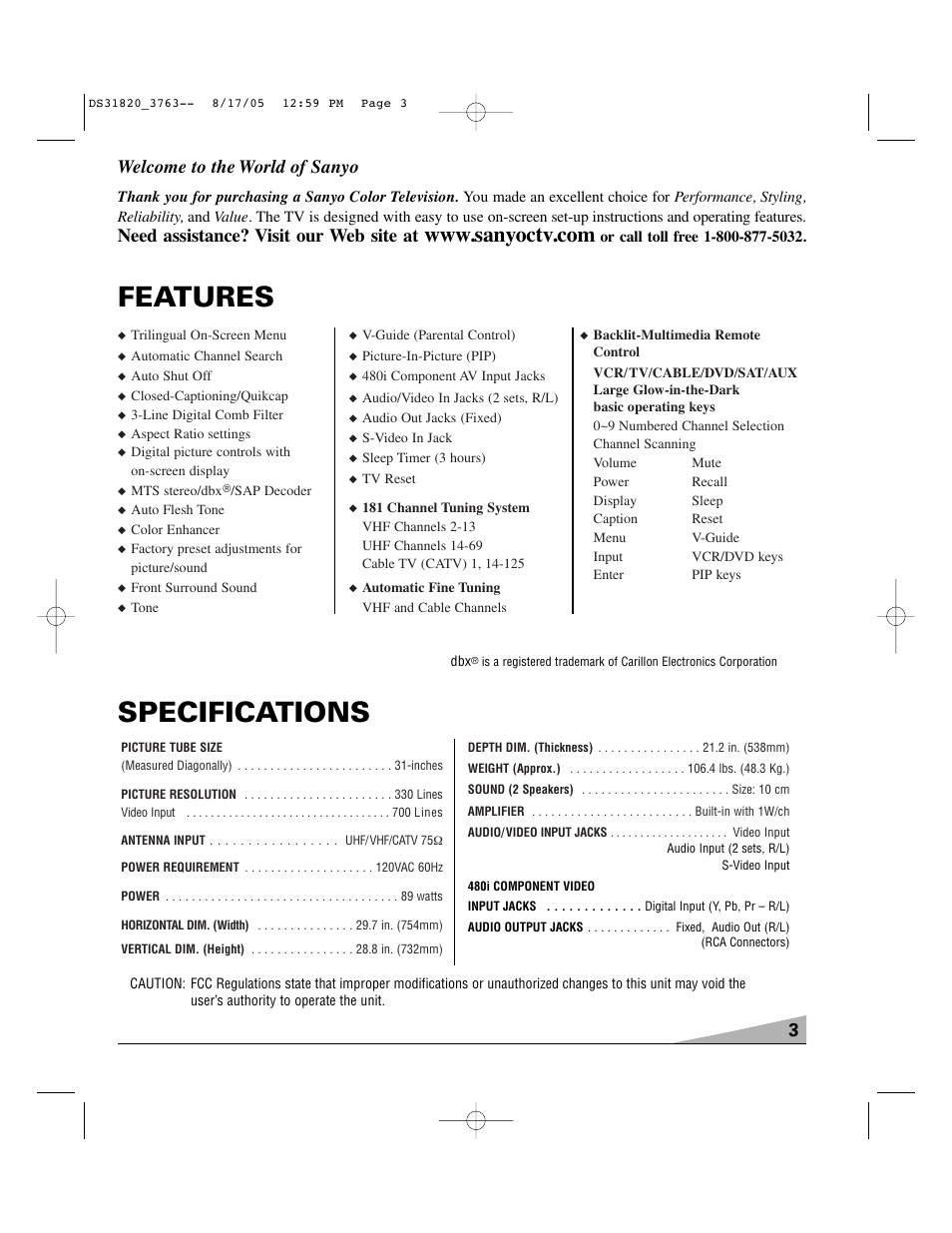 Features specifications, 3welcome to the world of sanyo, Need assistance? visit our web site at | Sanyo DS31820 User Manual | Page 3 / 64