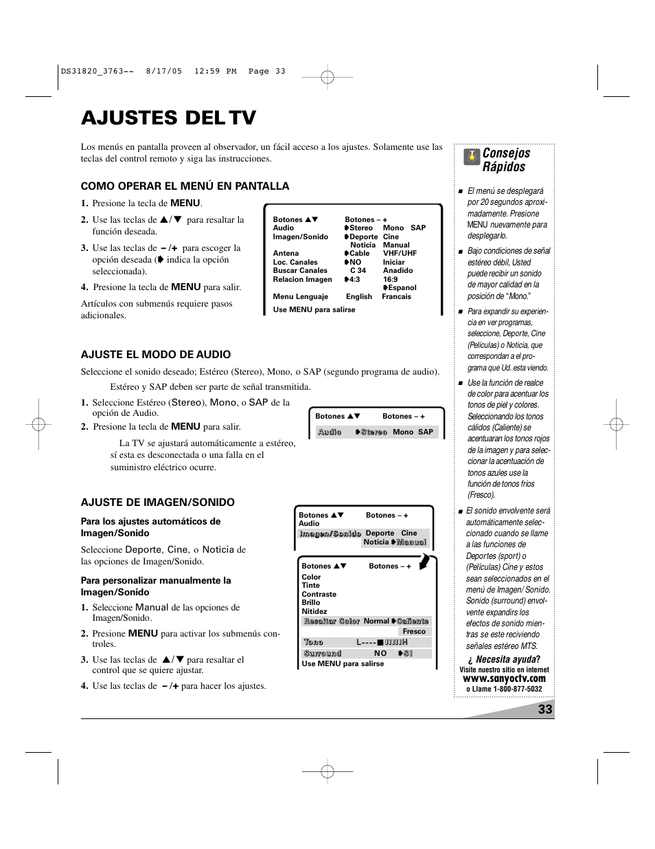 Ajustes del tv, Consejos rápidos, Como operar el menú en pantalla | Ajuste el modo de audio, Ajuste de imagen/sonido, Necesita ayuda | Sanyo DS31820 User Manual | Page 33 / 64