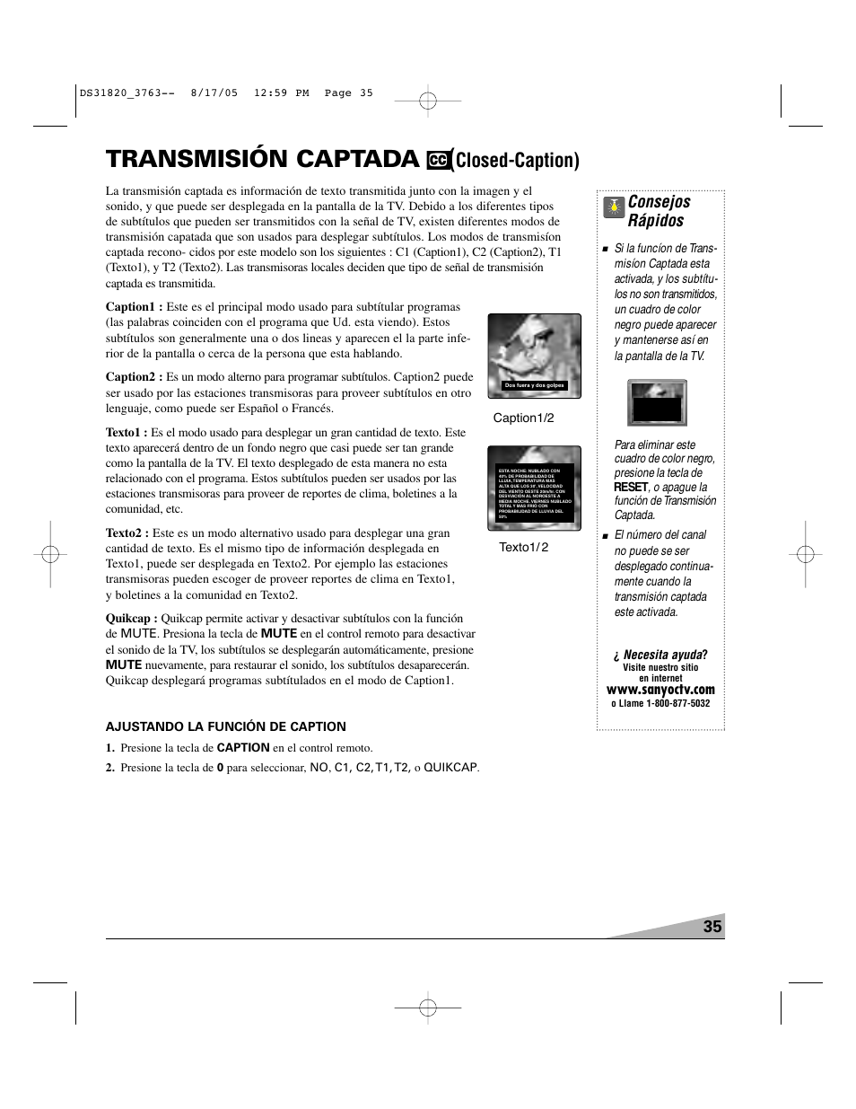 Transmisión captada, Closed-caption), Consejos rápidos | Sanyo DS31820 User Manual | Page 35 / 64
