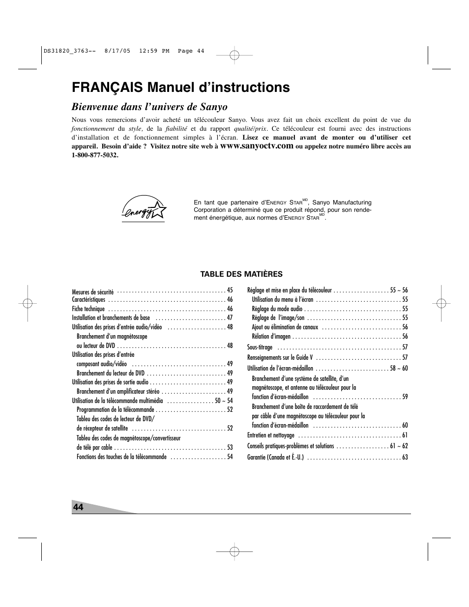 Français manuel d’instructions, Bienvenue dans l’univers de sanyo | Sanyo DS31820 User Manual | Page 44 / 64