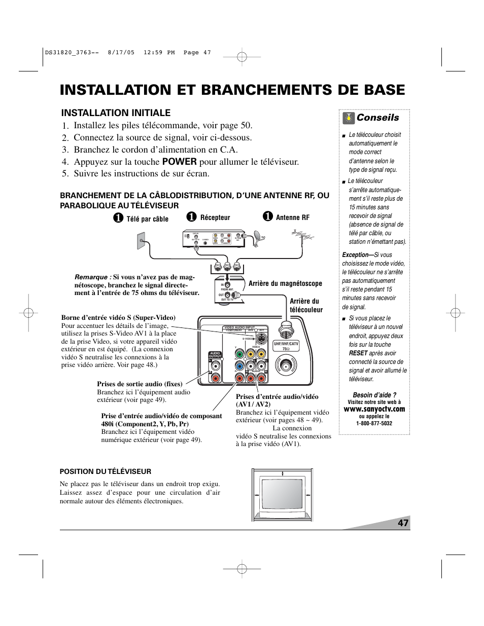 Installation et branchements de base, Conseils, Besoin d’aide | Arrière du télécouleur récepteur, Remarque | Sanyo DS31820 User Manual | Page 47 / 64