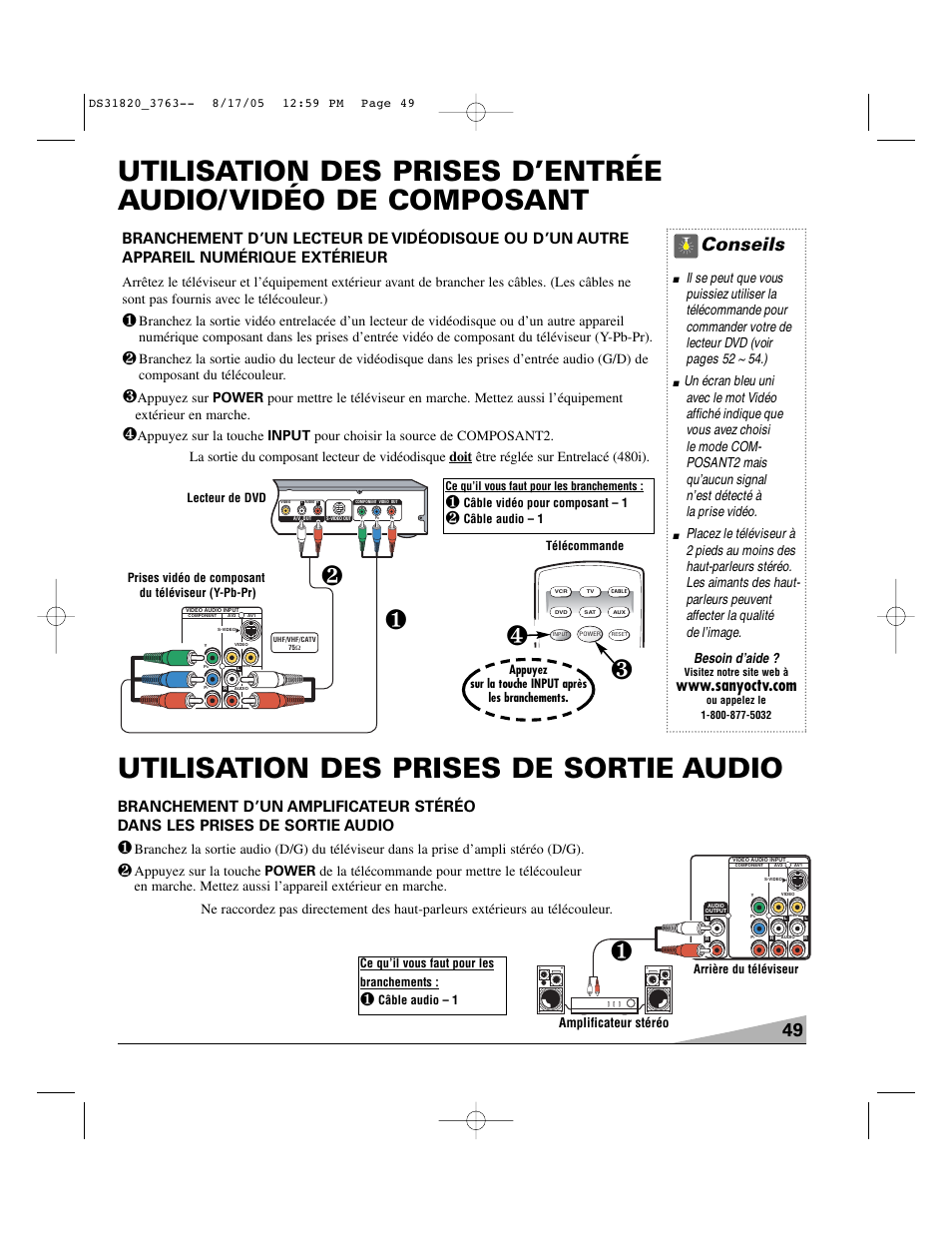 Utilisation des prises de sortie audio, Conseils | Sanyo DS31820 User Manual | Page 49 / 64