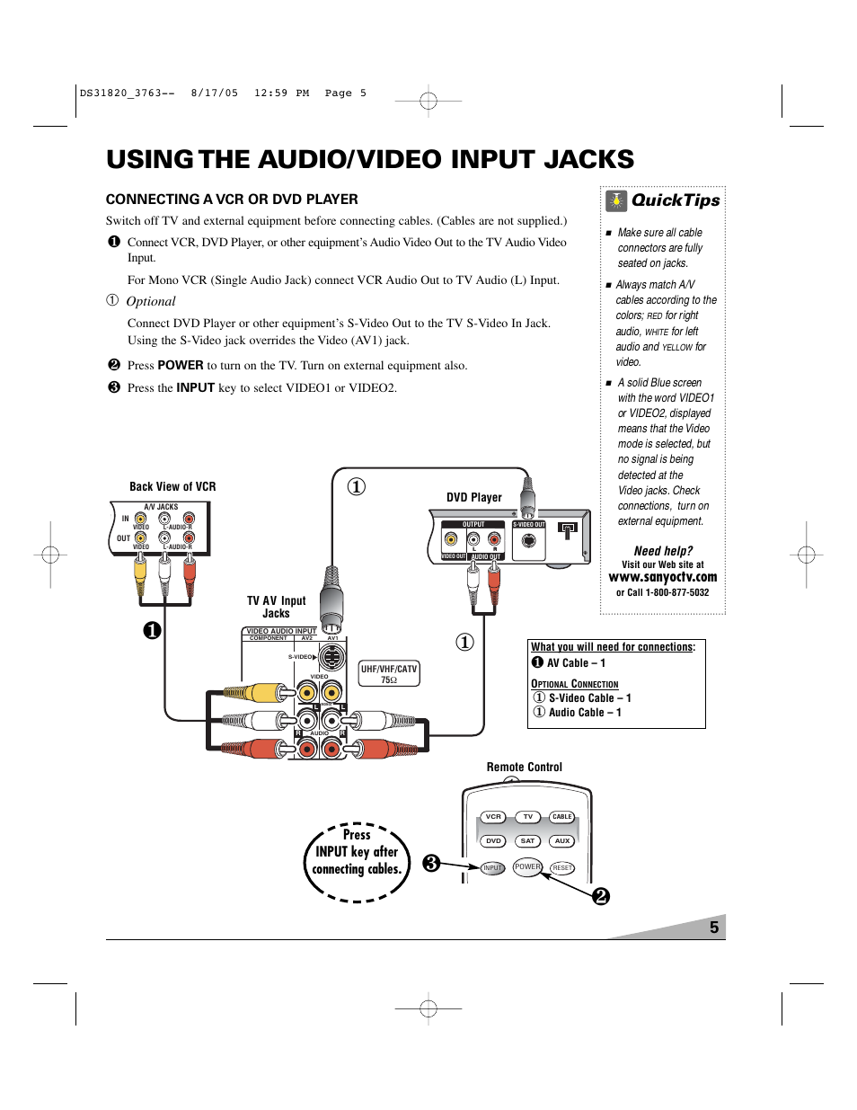 Using the audio/video input jacks, Quicktips | Sanyo DS31820 User Manual | Page 5 / 64