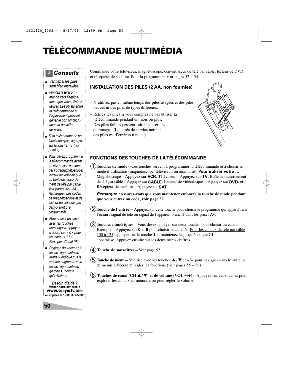 Télécommande multimédia | Sanyo DS31820 User Manual | Page 50 / 64