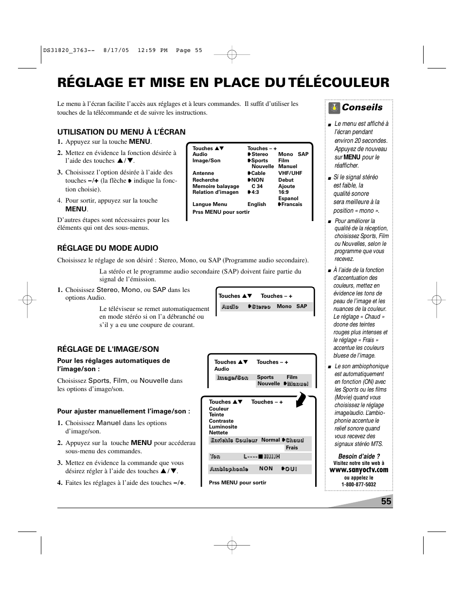 Réglage et mise en place du télécouleur, Conseils, Utilisation du menu à l’écran | Réglage du mode audio, Réglage de l'image/son | Sanyo DS31820 User Manual | Page 55 / 64