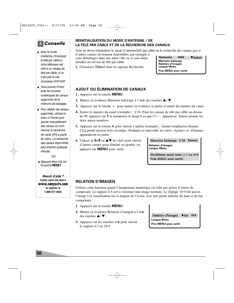 Conseils, Relation d’imagen, Ajout ou élimination de canaux | Besoin d’aide | Sanyo DS31820 User Manual | Page 56 / 64