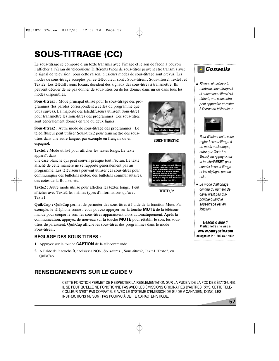 Sous-titrage (cc), 57 conseils, Renseignements sur le guide v | Sanyo DS31820 User Manual | Page 57 / 64