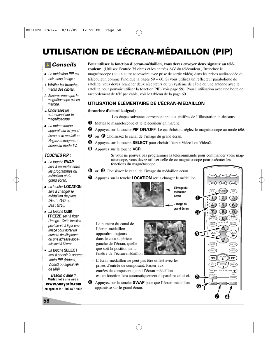 Utilisation de l’écran-médaillon (pip), Conseils | Sanyo DS31820 User Manual | Page 58 / 64