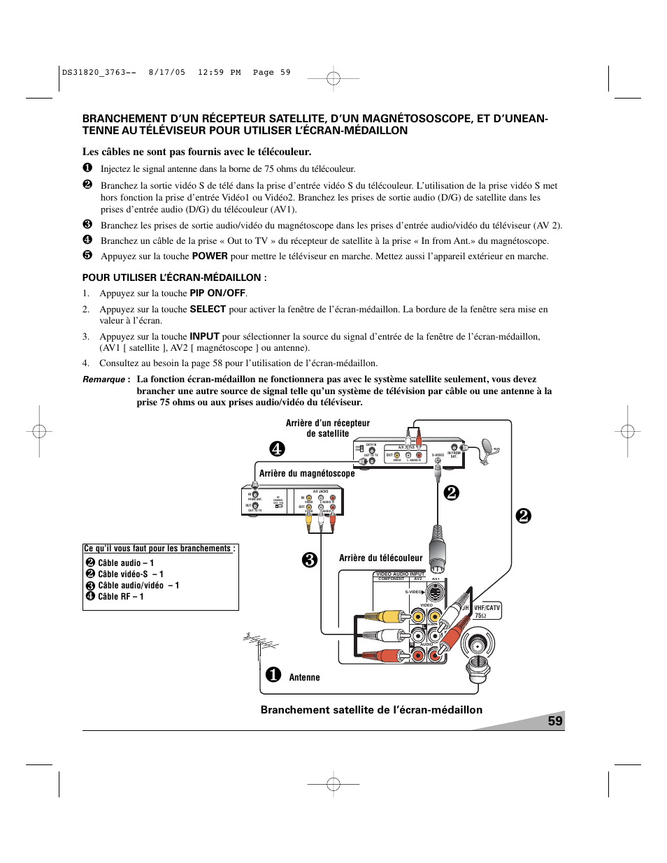 Branchement satellite de l’écran-médaillon | Sanyo DS31820 User Manual | Page 59 / 64