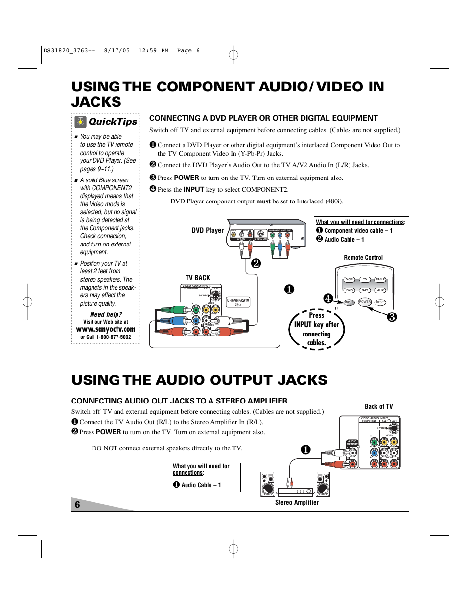 Using the component audio / video in jacks, Using the audio output jacks, Quicktips | Connecting a dvd player or other digital equipment, Press input key after connecting cables, Connecting audio out jacks to a stereo amplifier, Dvd player, Tv back | Sanyo DS31820 User Manual | Page 6 / 64