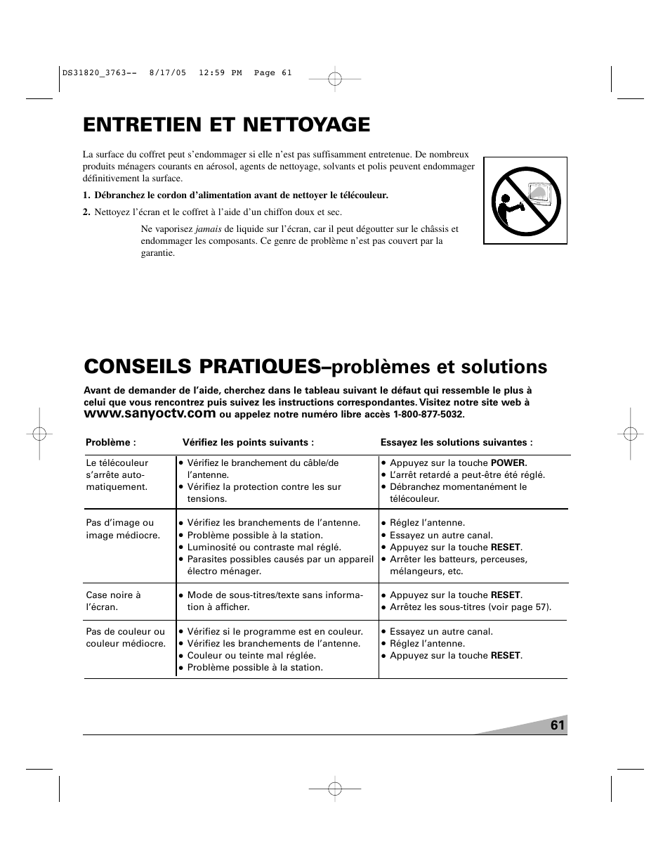 Conseils pratiques–problèmes et solutions, Entretien et nettoyage | Sanyo DS31820 User Manual | Page 61 / 64