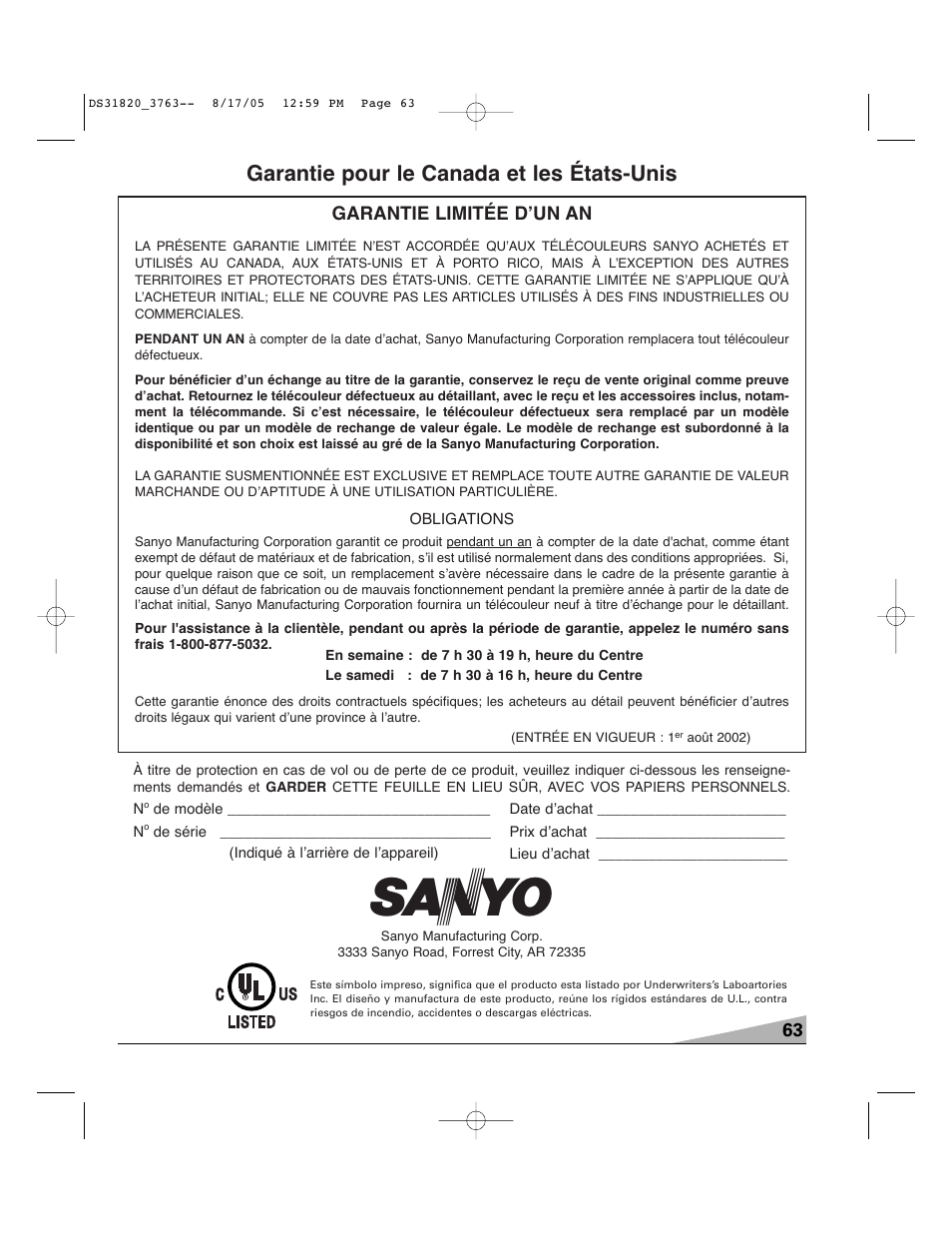 Garantie pour le canada et les états-unis | Sanyo DS31820 User Manual | Page 63 / 64