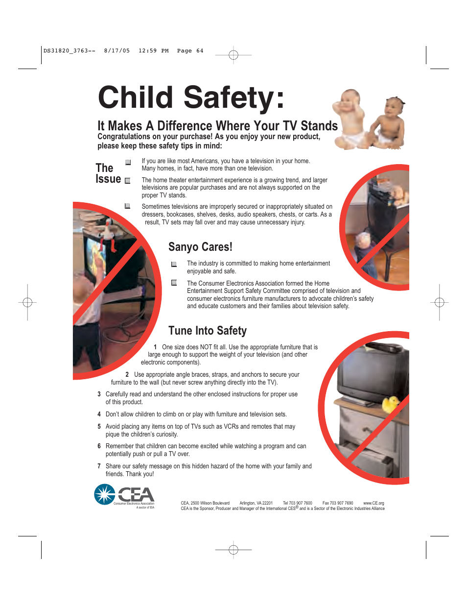 Child safety, It makes a difference where your tv stands, The issue | Sanyo cares, Tune into safety | Sanyo DS31820 User Manual | Page 64 / 64